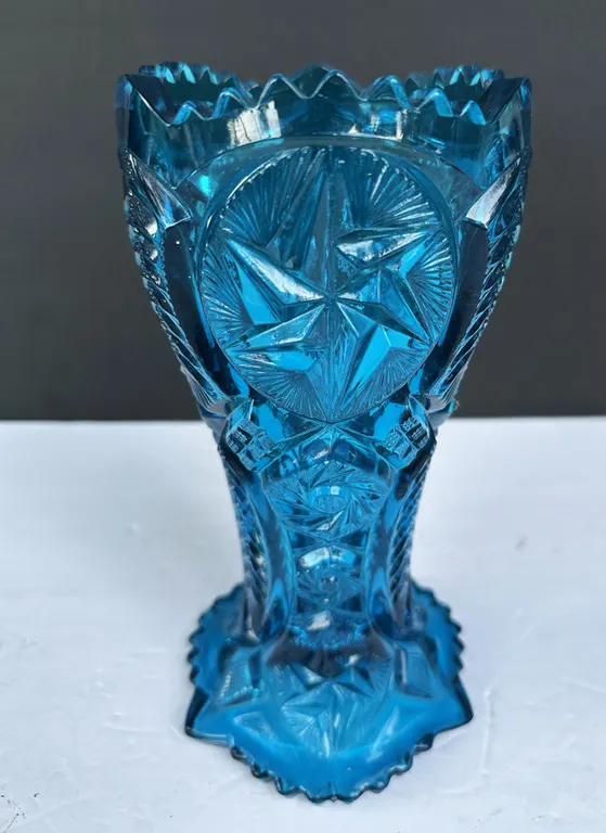 Mid Century L.E. Smith Glass Peacock Blue Hobstar Flower Vase
