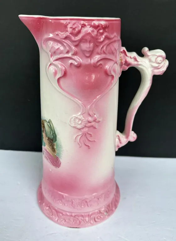 Antique Art Nouveau Lady Portrait Owens Minerva Dolphin Handle Pottery Pitcher
