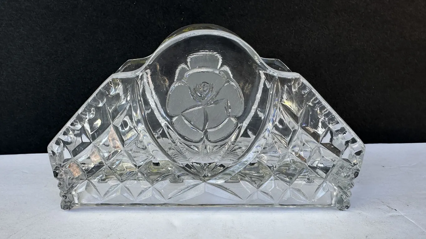 Vintage Heavy Crystal Glass Rose Napkin Holder
