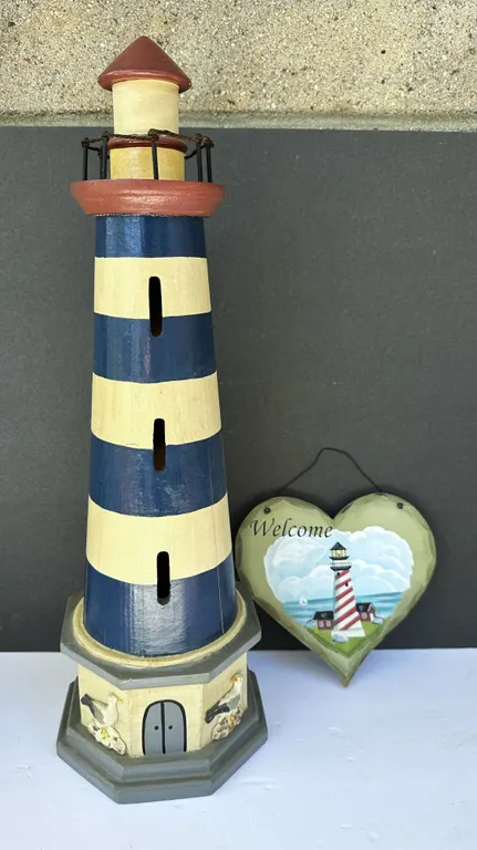 World Bazaar 21" Blue & White Lighthouse & Welcome Plaque Nautical Decor