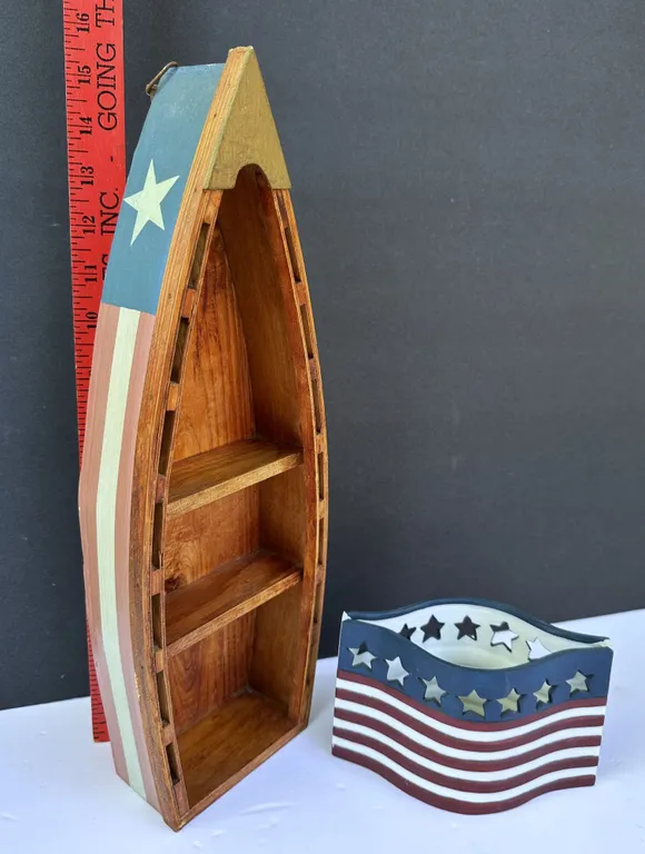 Rustic Patriotic Boat Wall Shelf & Ceramic Flag Votive Candle Holder