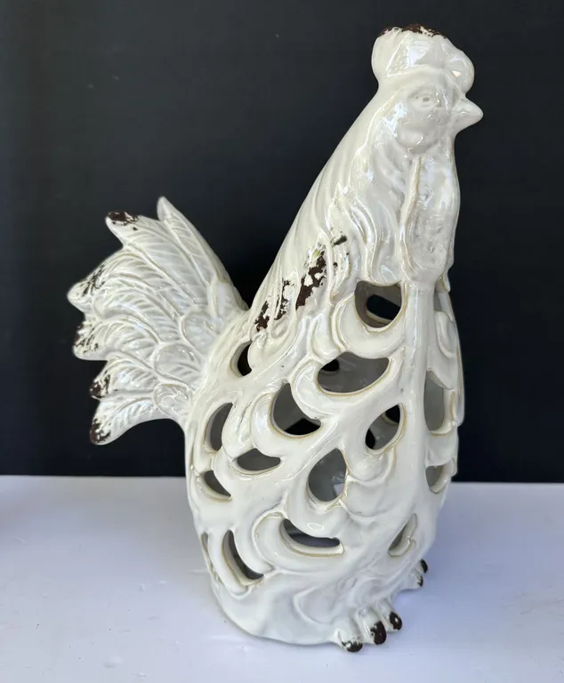 White Pottery Chicken Rooster 12" Lantern Candle Lamp