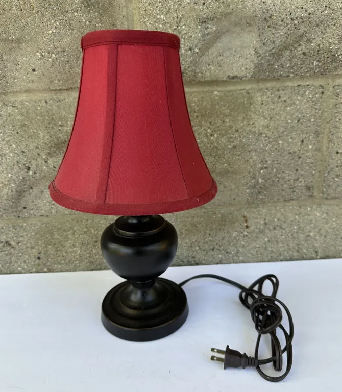Brushed Bronze Metal Table Lamp w/ Burgundy Fabric Shade