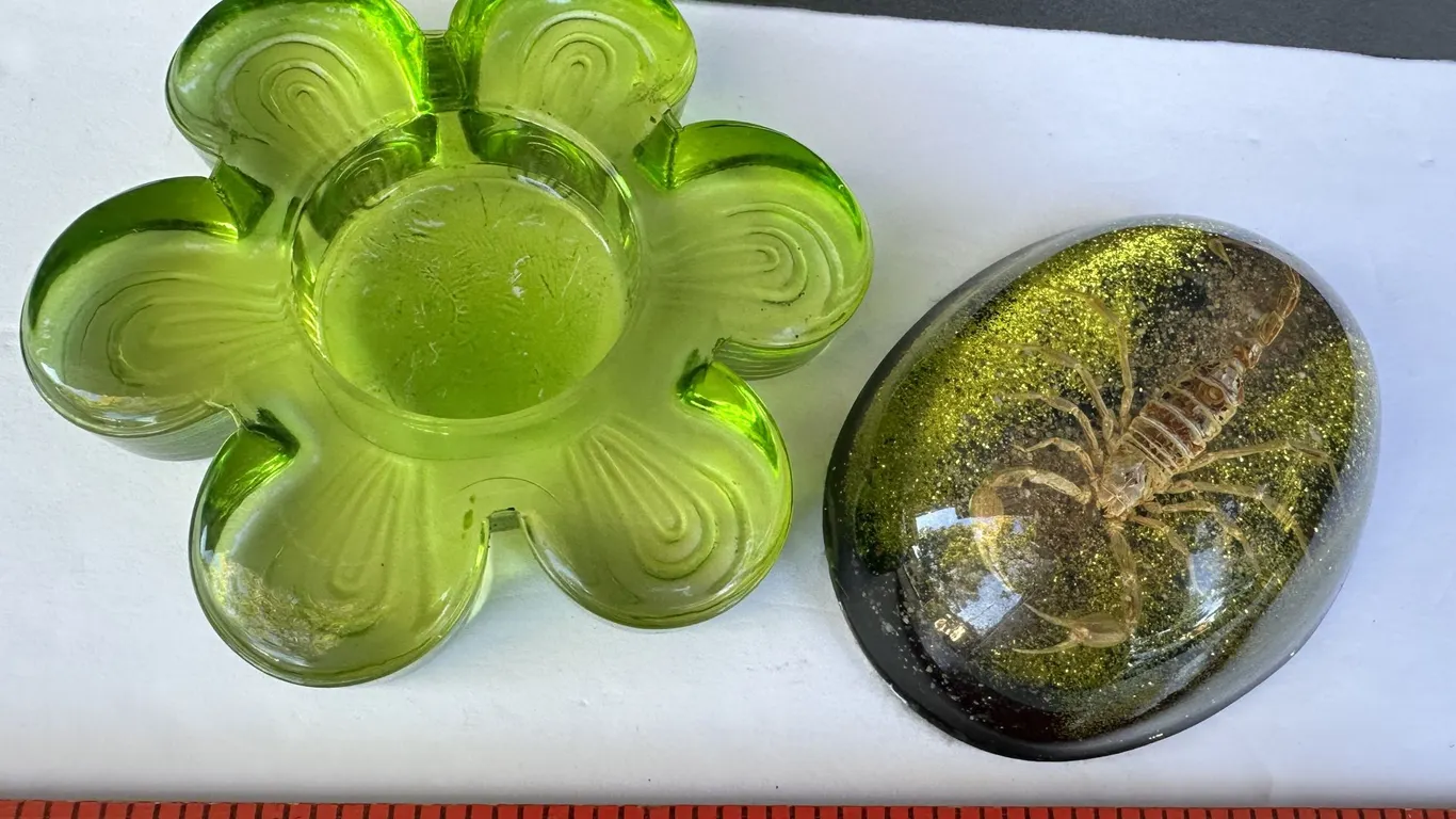 Mid Century Lucite Scorpion Paperweight & Glass Flower Votive Candle Holder
