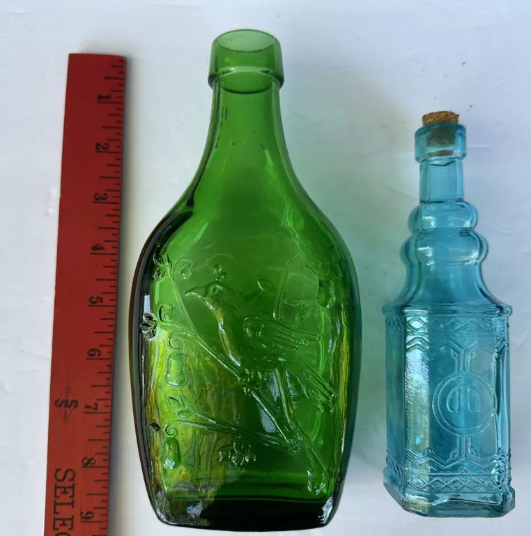 1970 Embossed Bird Green Glass Bottle Flask