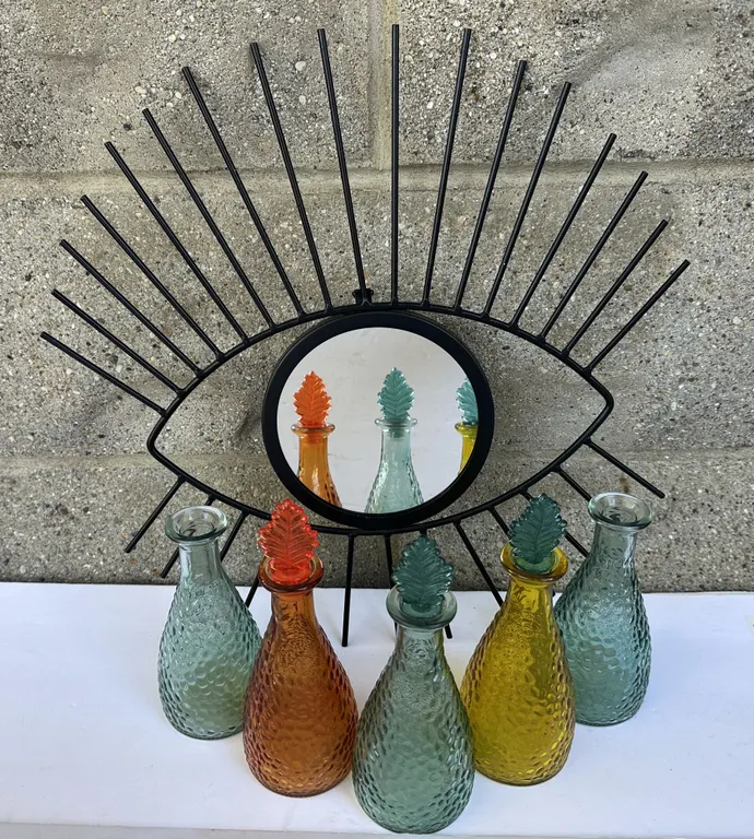 MCM Style Mystic Eye Black Wall Mirror & Empoli Style Cruet/Decanters