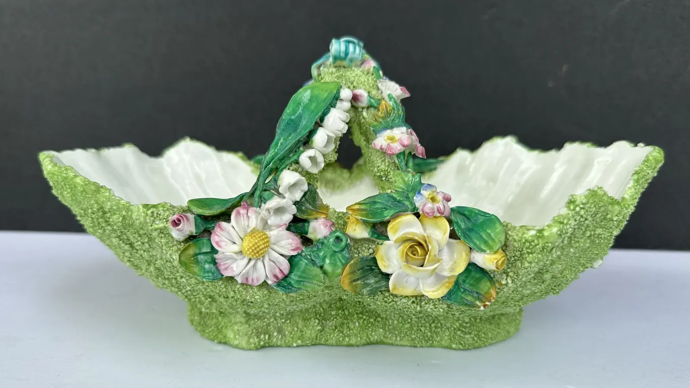 Antique Victorian Thomas Bevington British Porcelain Mossware Flower Basket