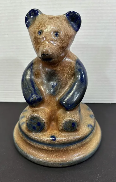 1991 Beaumont Brothers Pottery BBP Stoneware Bear Coin Bank Cobalt Blue Spotted