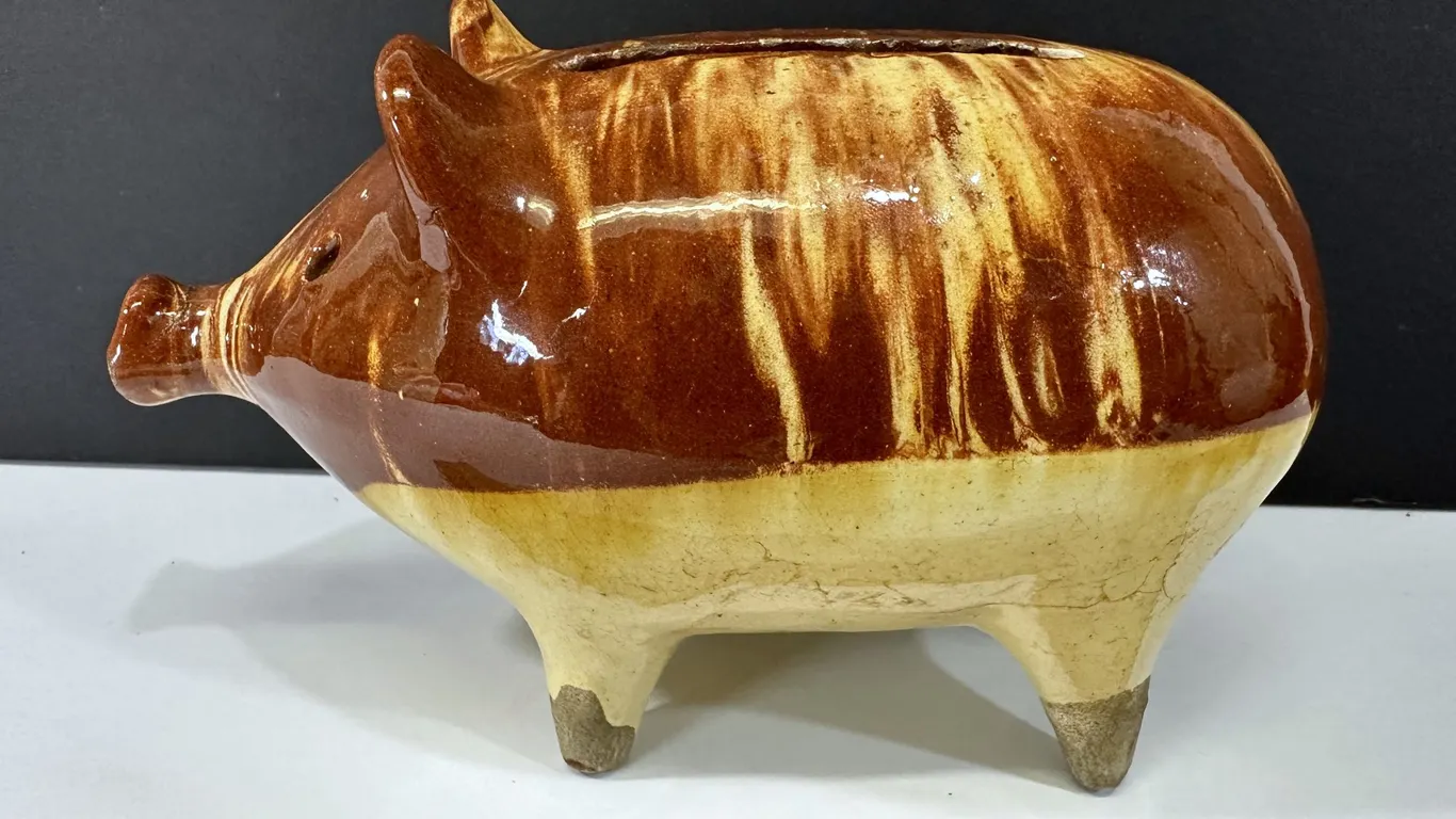 Antique 1800s Mocha Yelloware Hole-Eyed 7" Piggy Bank Primitive Pottery Folk Art