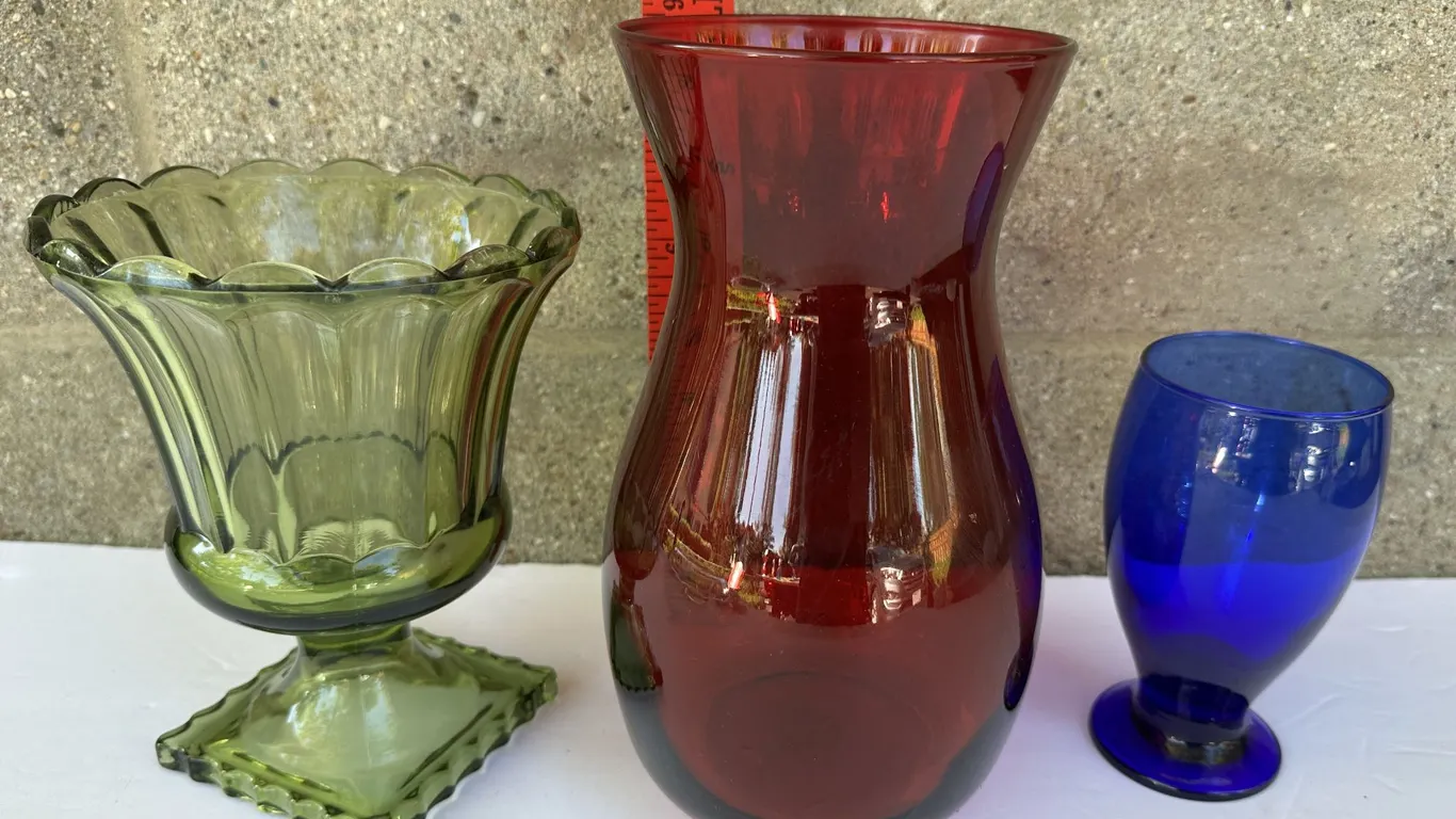 Mid Century & Contemporary Colored Glass Lot Vase Tumbler Pedestal Planter