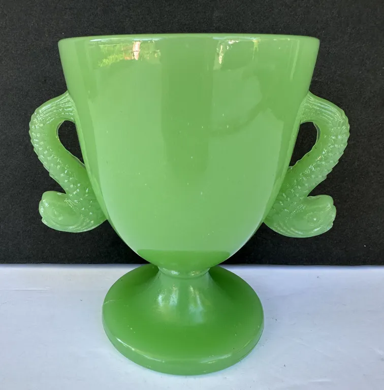 Fenton Jadeite Art Glass Dolphin Handle Vase