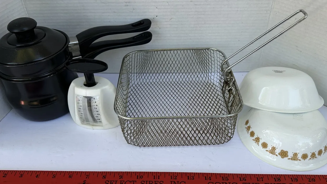 Black Enamel Double Boiler, Frying Basket Food Scale Corelle Bowls Wood Spoon
