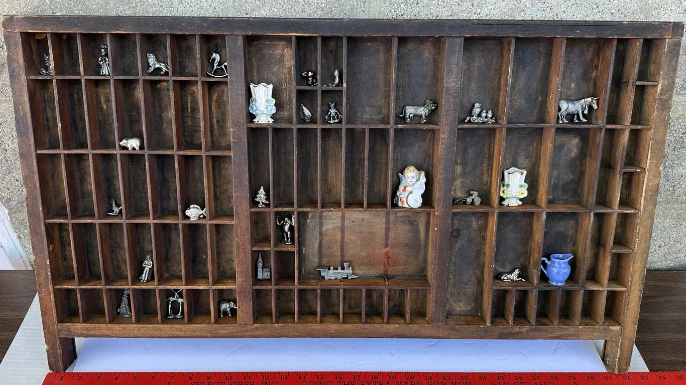 Primitive Wood Printers Tray Drawer with Pewter & Porcelain Miniatures