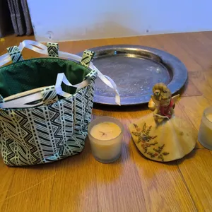 Angel Figurine, Round Drawstring Caddy, Tray & Misc Items