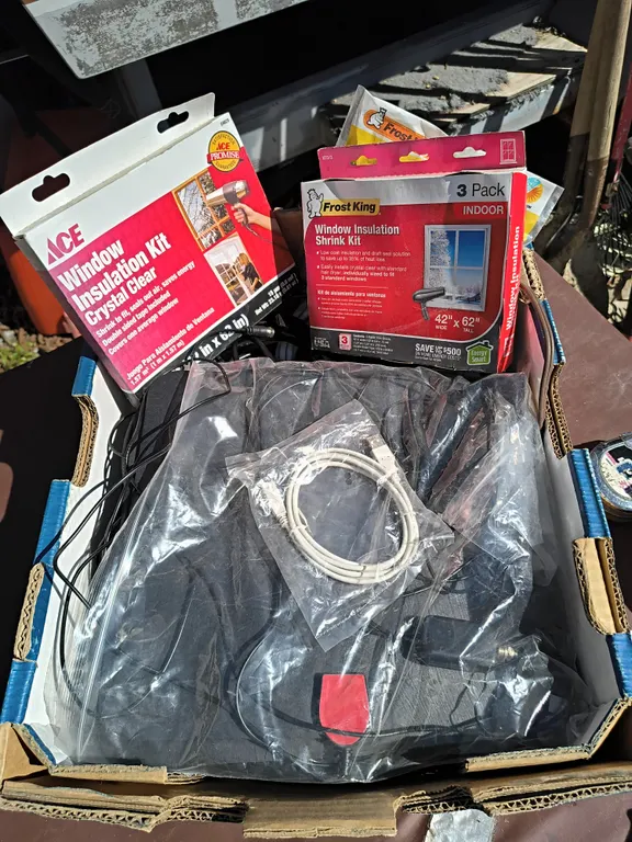 Household Mixed Items: Antenna, Window Insulation Kits, Misc Cables