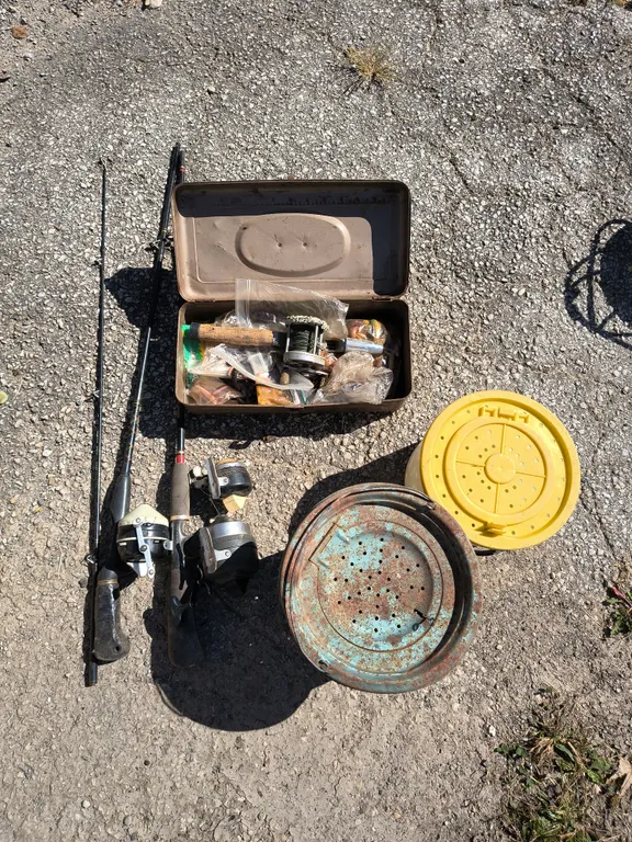 Fishing Rods, Reels, Vintage Fishing Box & Bait Buckets