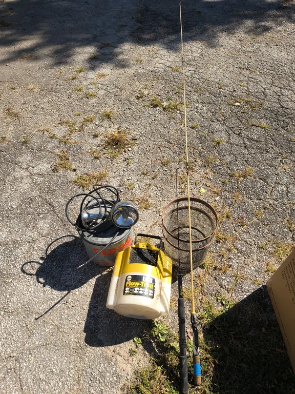 Fishing Rods, Bait Buckets, Minnow Trap & Vintage Boat Light Lot