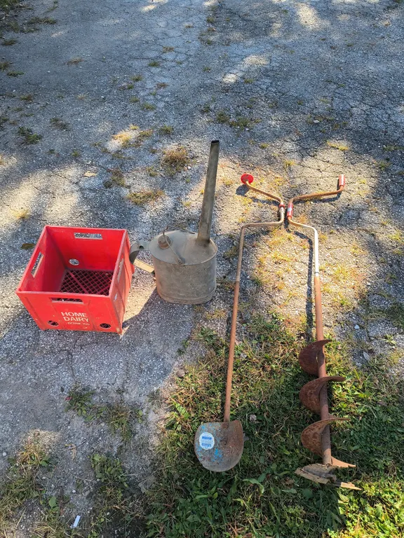 Vintage Farmstead Lot: Home Dairy Milk Crate, Railroad Long Spout Oil Can & Ice Augers
