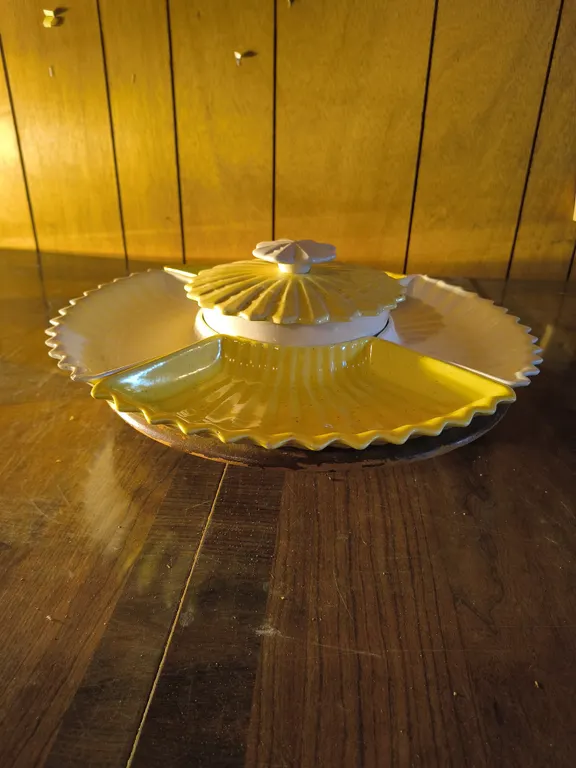 Vintage Mid Century California Pottery Yellow White Ceramic Lazy Susan Serving Set