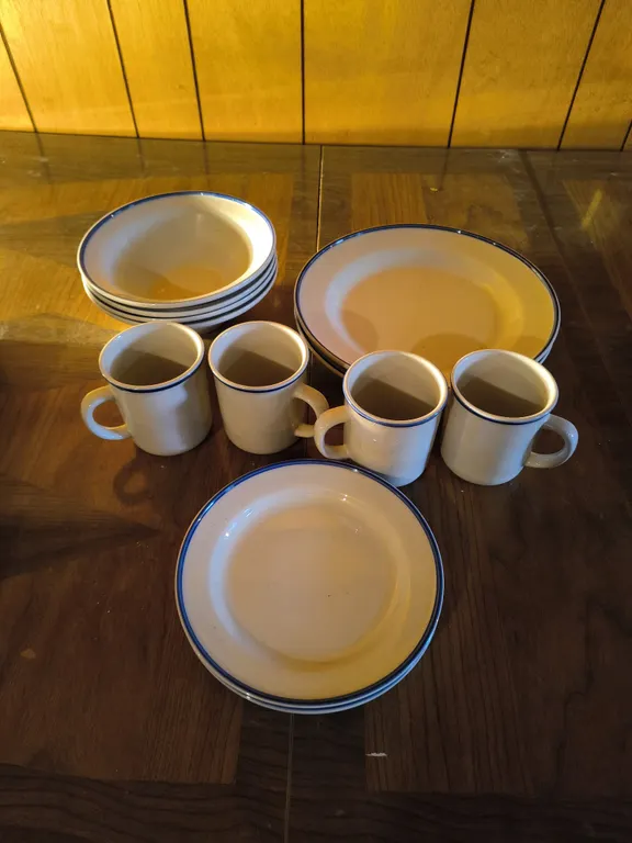 Folkcraft Stoneware Dinnerware Set Tienshan Cobalt Blue Band Plates Bowls Mugs
