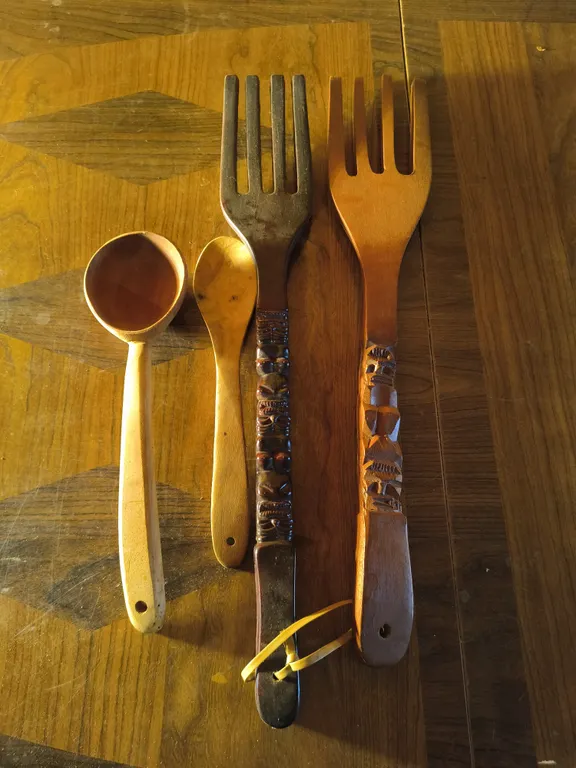 Vintage Large Carved Wooden Fork & Spoon Wall Decor MCM Tiki Totem Set