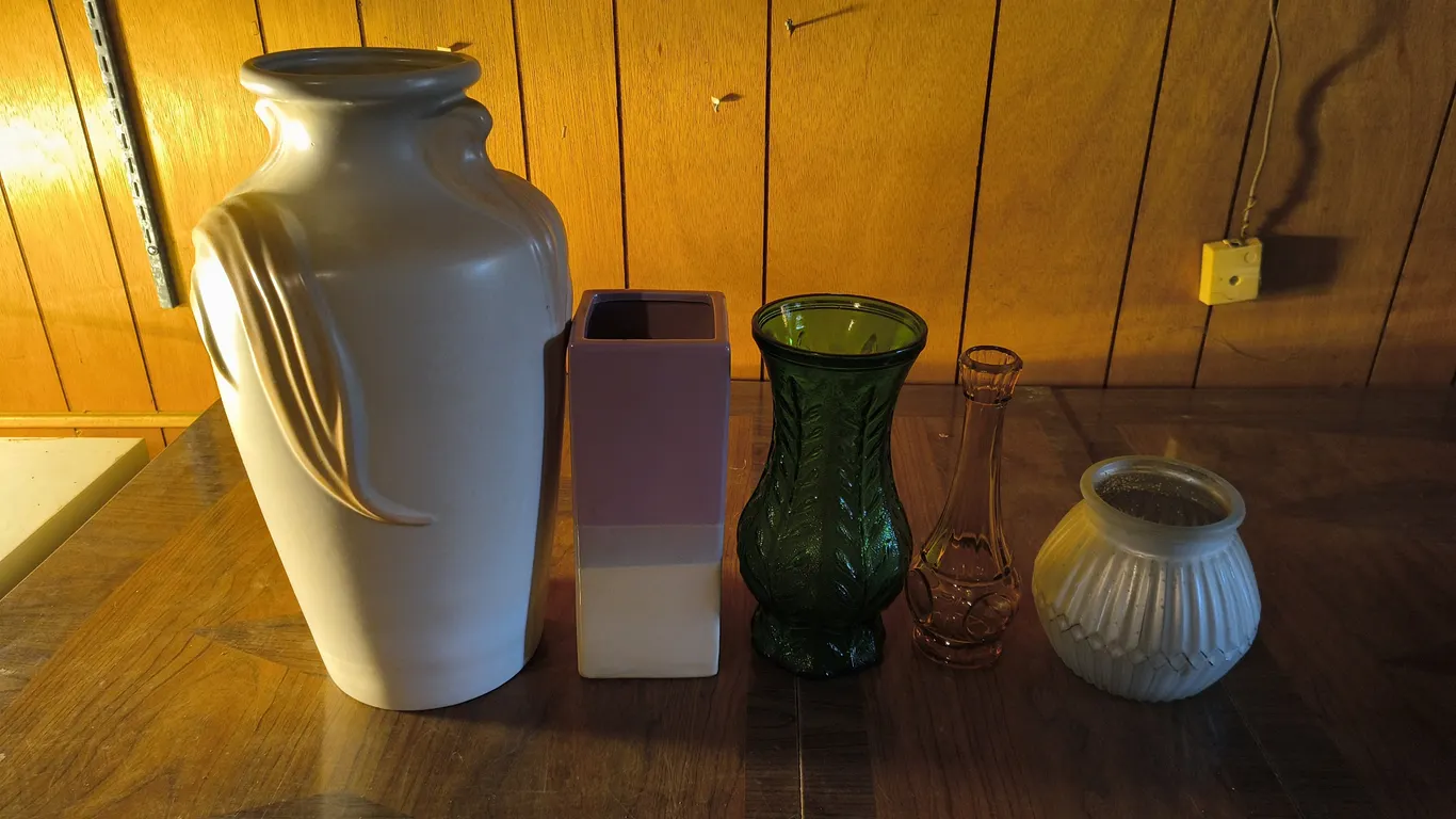 Vintage Vase Decor Lot - Harris Potteries Art Deco, FTD Emerald Green, MCM Pink