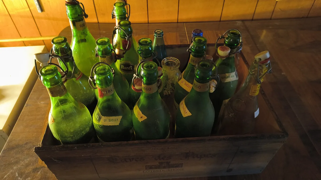 Lot Of of Vintage Green Glass Flip-Top Bottles In Antique Caves Des Papes Wine Box