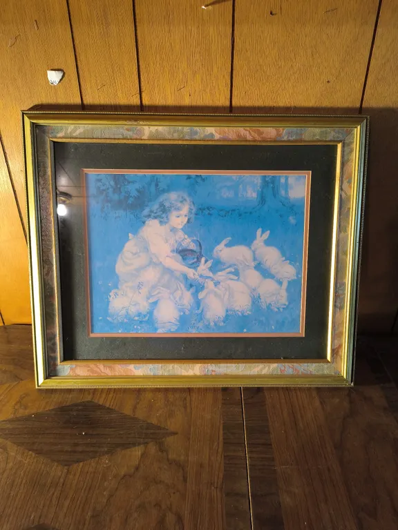 Antique Frederick Morgan "Feeding the Rabbits" Framed Blue Lithograph Print