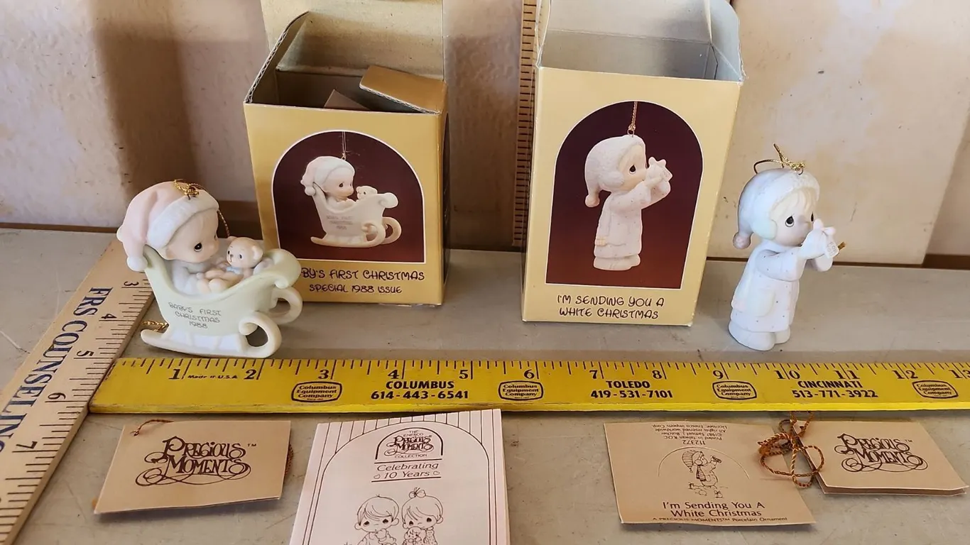 1987/88 Precious Moments "Baby's First Christmas" & "Im Sending You A White Christmas" Figures In Bo