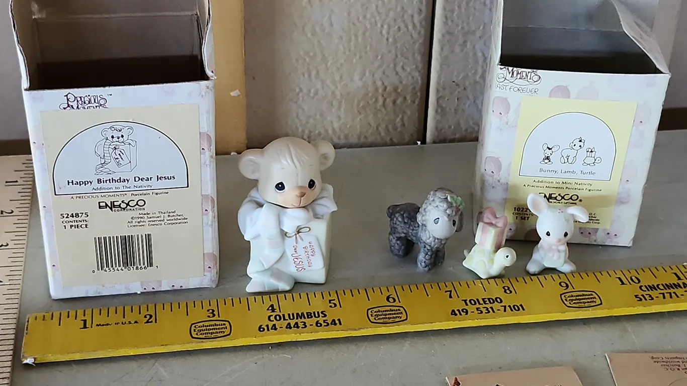 1990 Precious Moments "Happy Birthday Dear Jesus" & 1986 "Bunny, Lamb, Turtle" Addition To Nativity