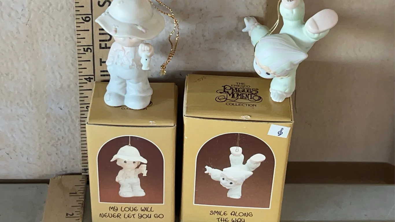 1988 Precious Moments Ornaments "My Love Will Never Let You Go" & "Smile Along The Way"