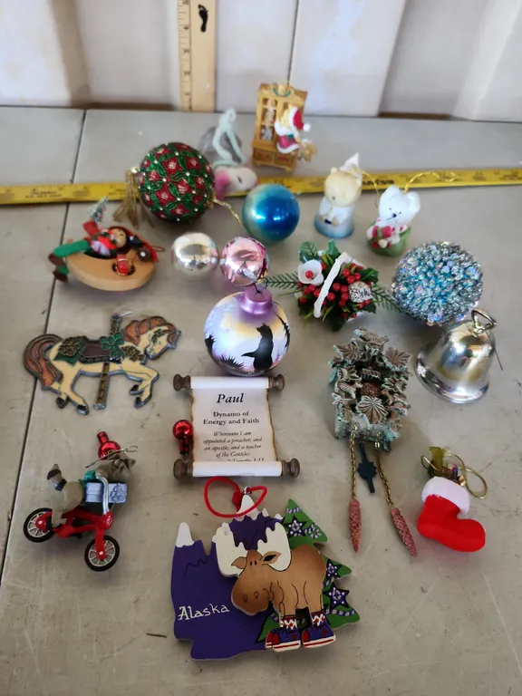 Christmas Ornaments-3 Vintage Mercury Glass, Resin Coo Coo Clock, Bear Bells, Pottery Hand Painted,
