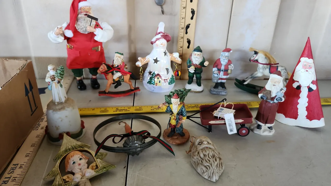 Christmas Decor-Santas, Snowman Candle Holder, Bell, & Ornaments