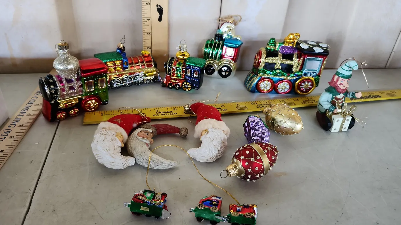 Christmas Ornaments-Glass Trains, Santas, Elf, Etc.