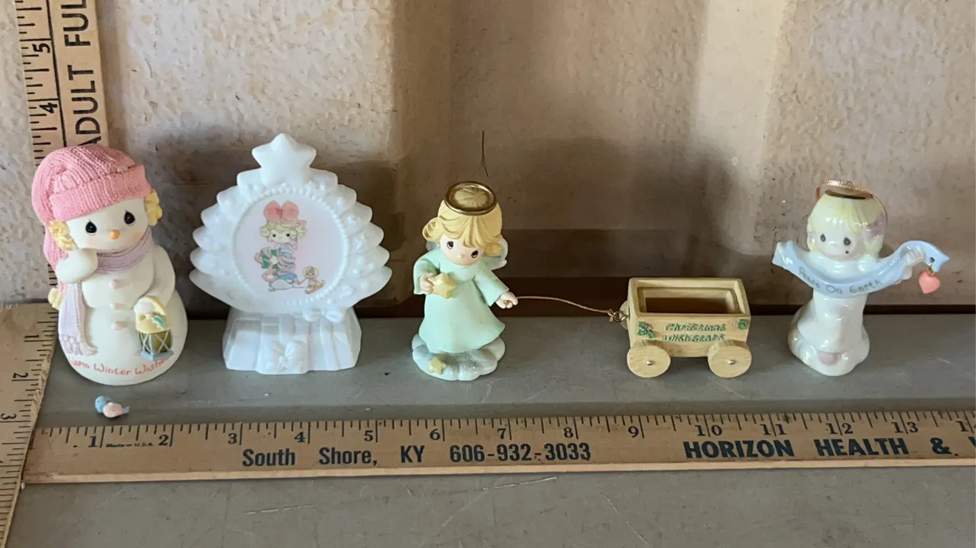 4 Precious Moments Figurines-Musical Tree, Angel W/Wagon, Peace On Earth, & Snowman Needs Bird Attac