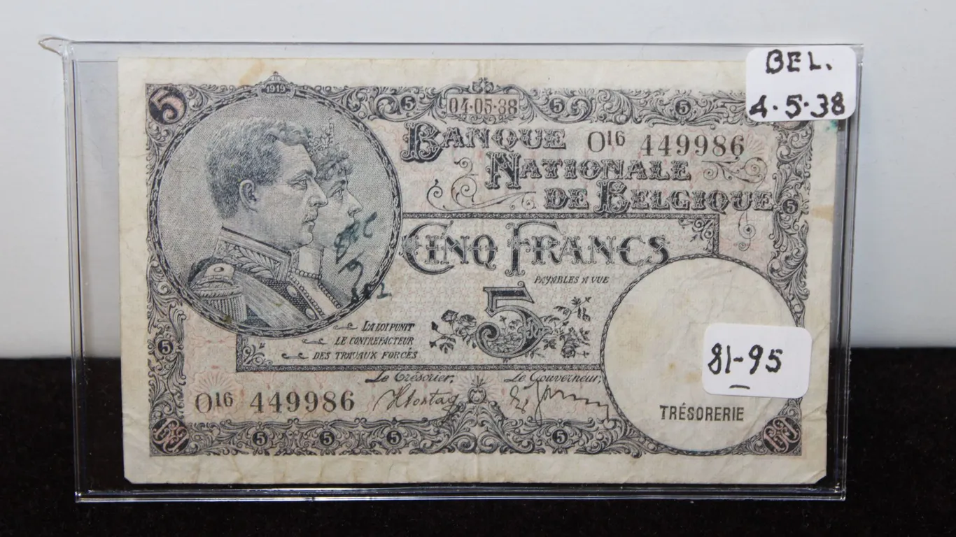 1938 Belgian Cinq Francs Note