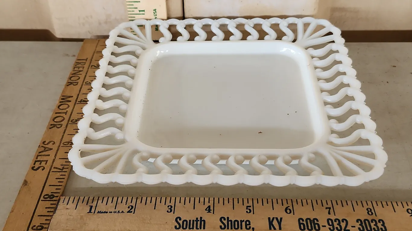 Vintage White Glass Open Lace Square Plate 8.5"X8.5"