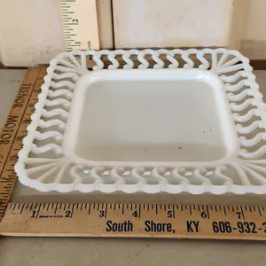 Vintage White Glass Open Lace Square Plate 8.5"X8.5"