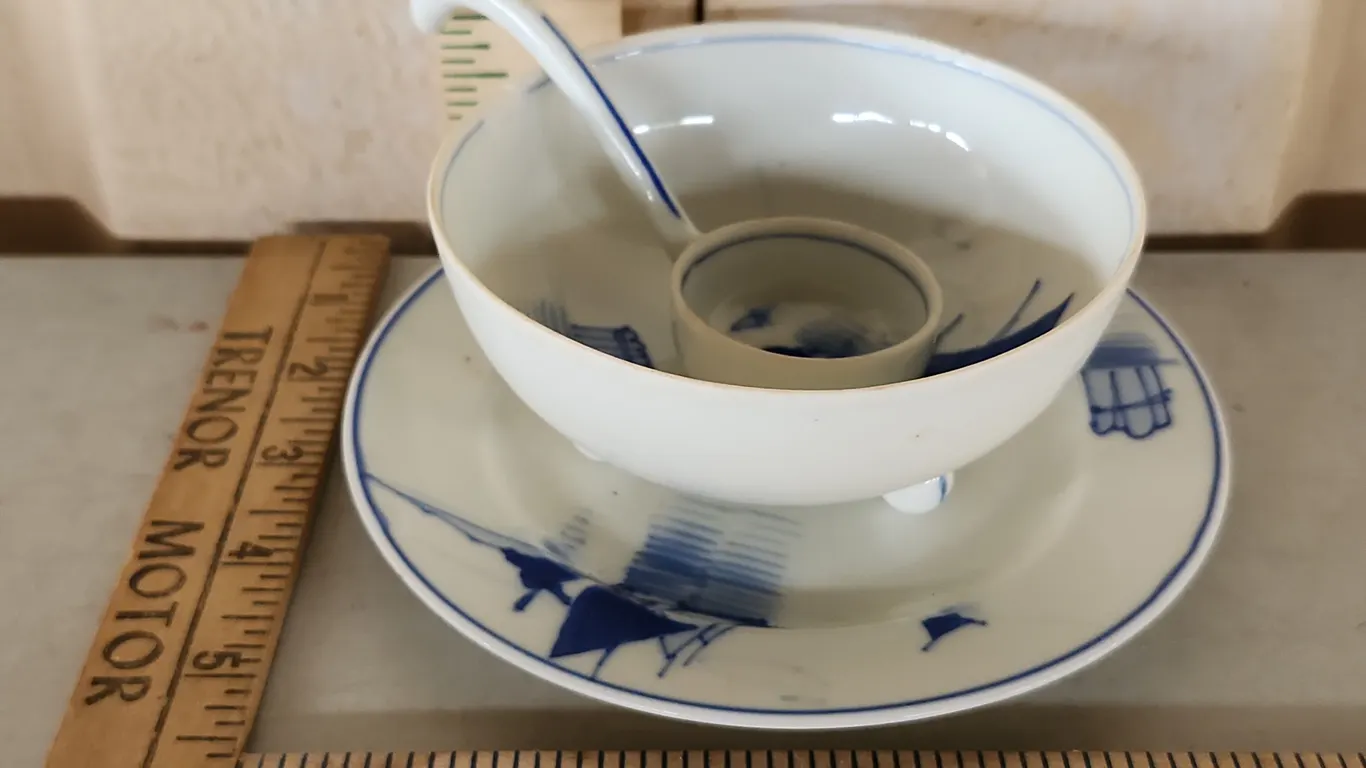 Vintage Old Blue Hand Painted Plate, Bowl, & Ladle Spoon-Bowl Chipped