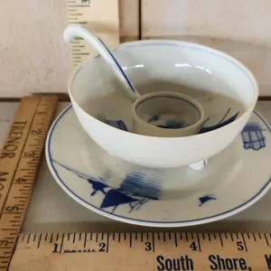 Vintage Old Blue Hand Painted Plate, Bowl, & Ladle Spoon-Bowl Chipped