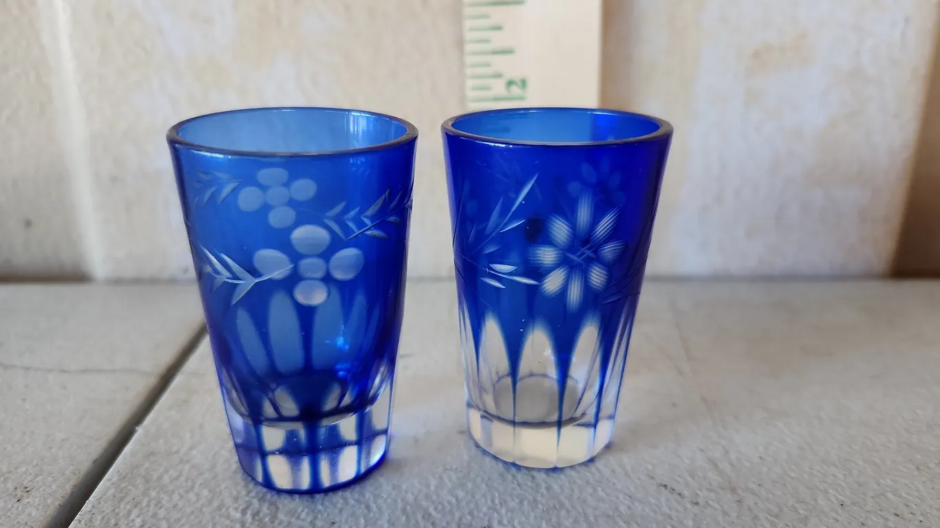 2 Vintage Clear/Cobalt Glass Etched Shot Glasses