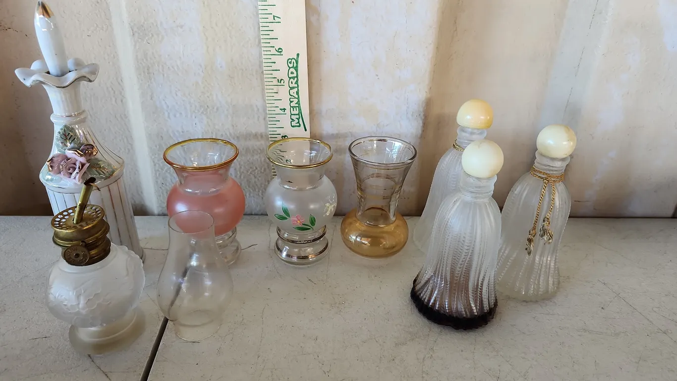 Vintage Perfume Bottles, Vases, & Oil Lamp, See Photos
