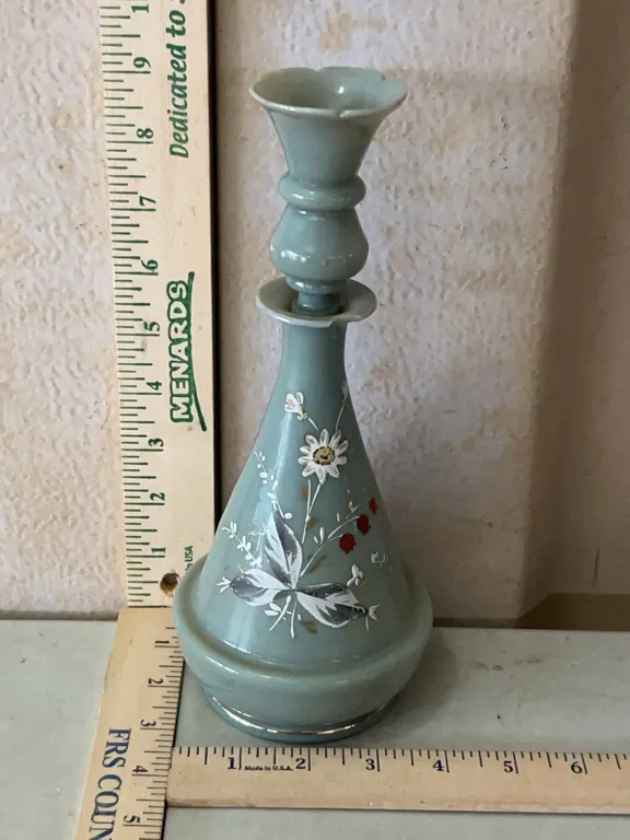 Vintage Hand Blown Hand Painted Sage Glass Decanter, Chipped