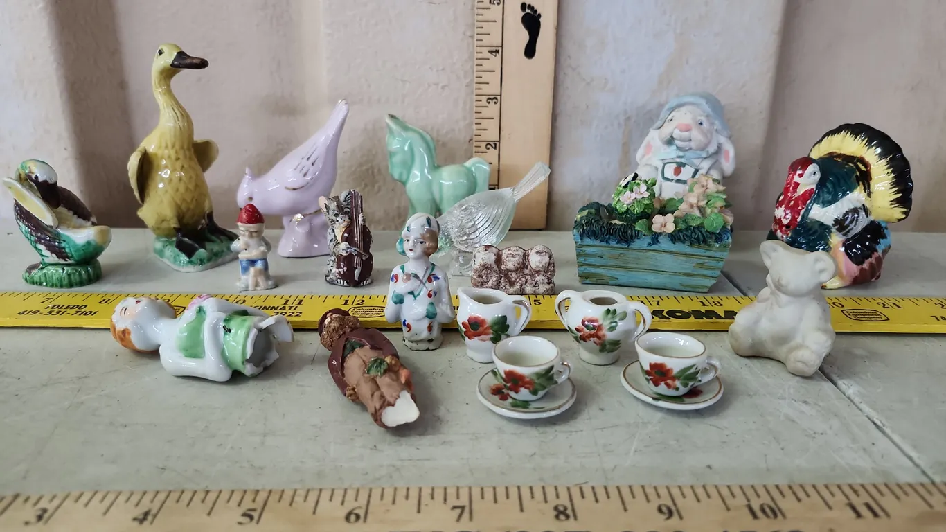 Vintage Animal Figures, Turkey Shaker, Miniature Tea Set Pieces, Etc.