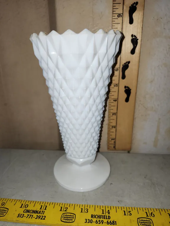 Vintage Indiana Glass Diamond Point Milk Glass Vase 4"X8"