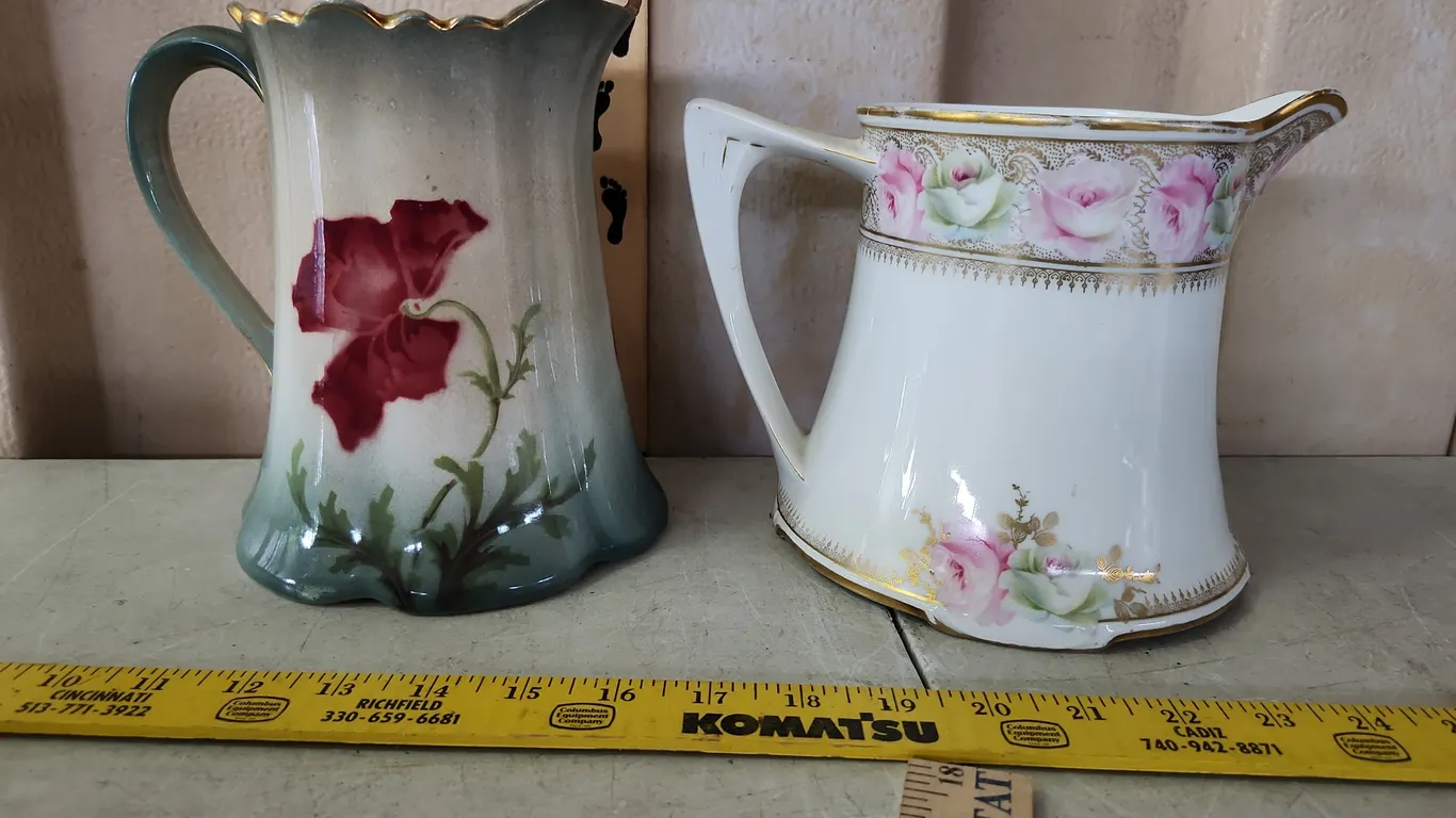 2 Vintage Hand Painted Flower Pitchers-Green Chipped