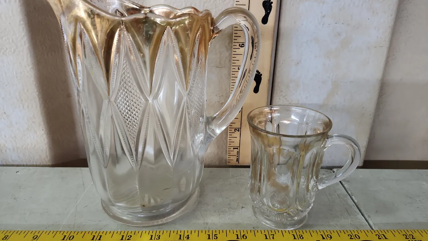 Vintage EAPG Diamonds Glass Pitcher & Cup