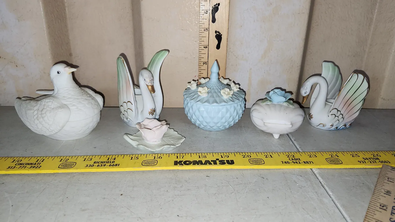 Vintage Porcelain Trinket Boxes & Swan Candle Holders