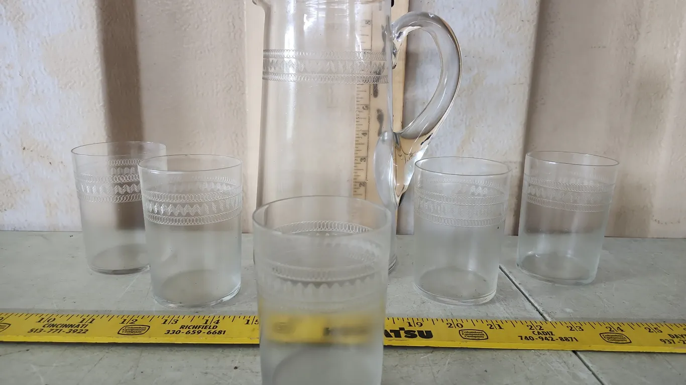 Vintage Hand Blown Etched Glass Pitcher & 5 Matching Glasses