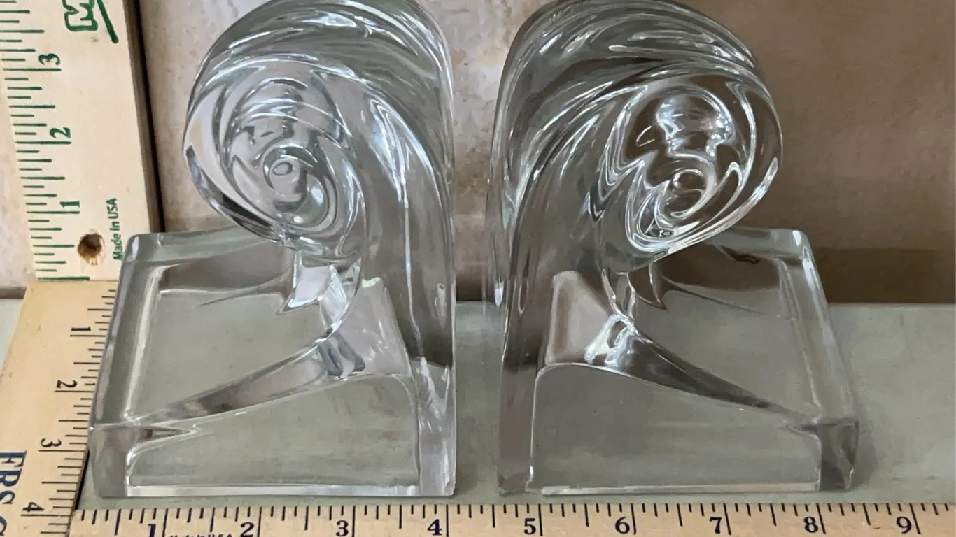 Vintage Art Deco Glass Scroll Bookends (Both Chipped On Base)